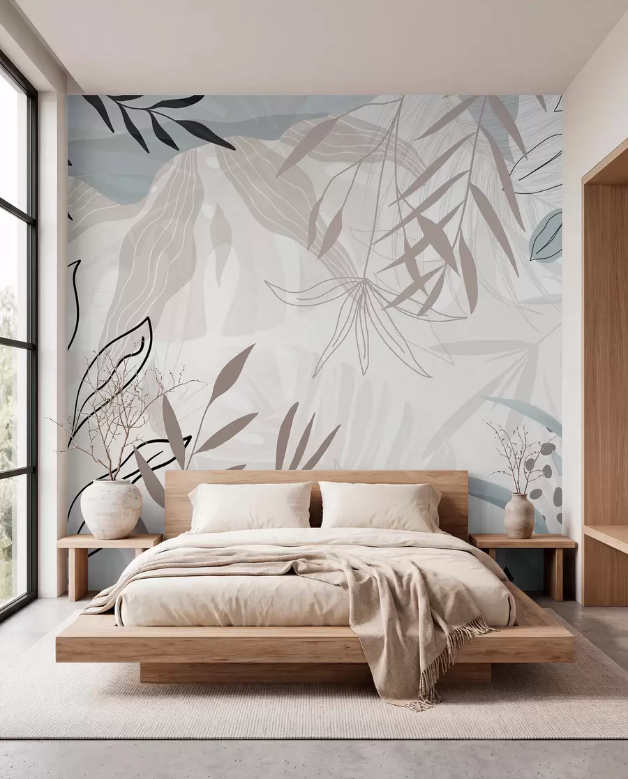 murales de pared Diseño floral abstracto moderno con hojas de color beige pastel, gris, azul y negro, delicado arte lineal y fondo suave  w09105