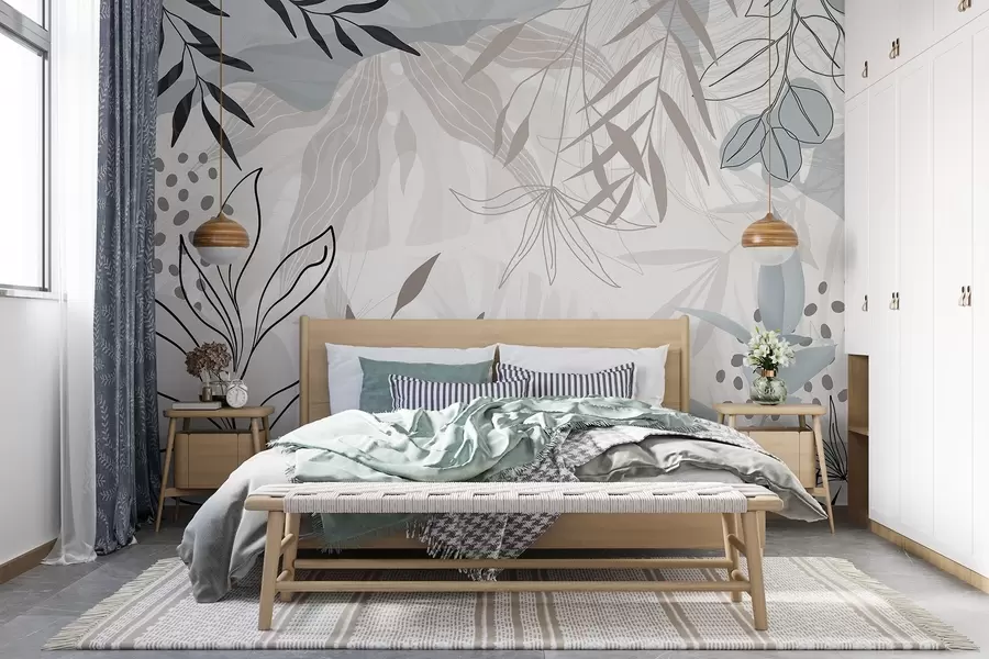 murales de pared Diseño floral abstracto moderno con hojas de color beige pastel, gris, azul y negro, delicado arte lineal y fondo suave  w09105