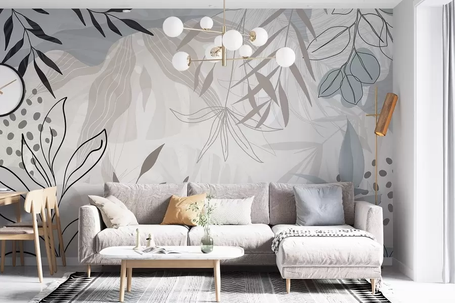 murales de pared Diseño floral abstracto moderno con hojas de color beige pastel, gris, azul y negro, delicado arte lineal y fondo suave  w09105