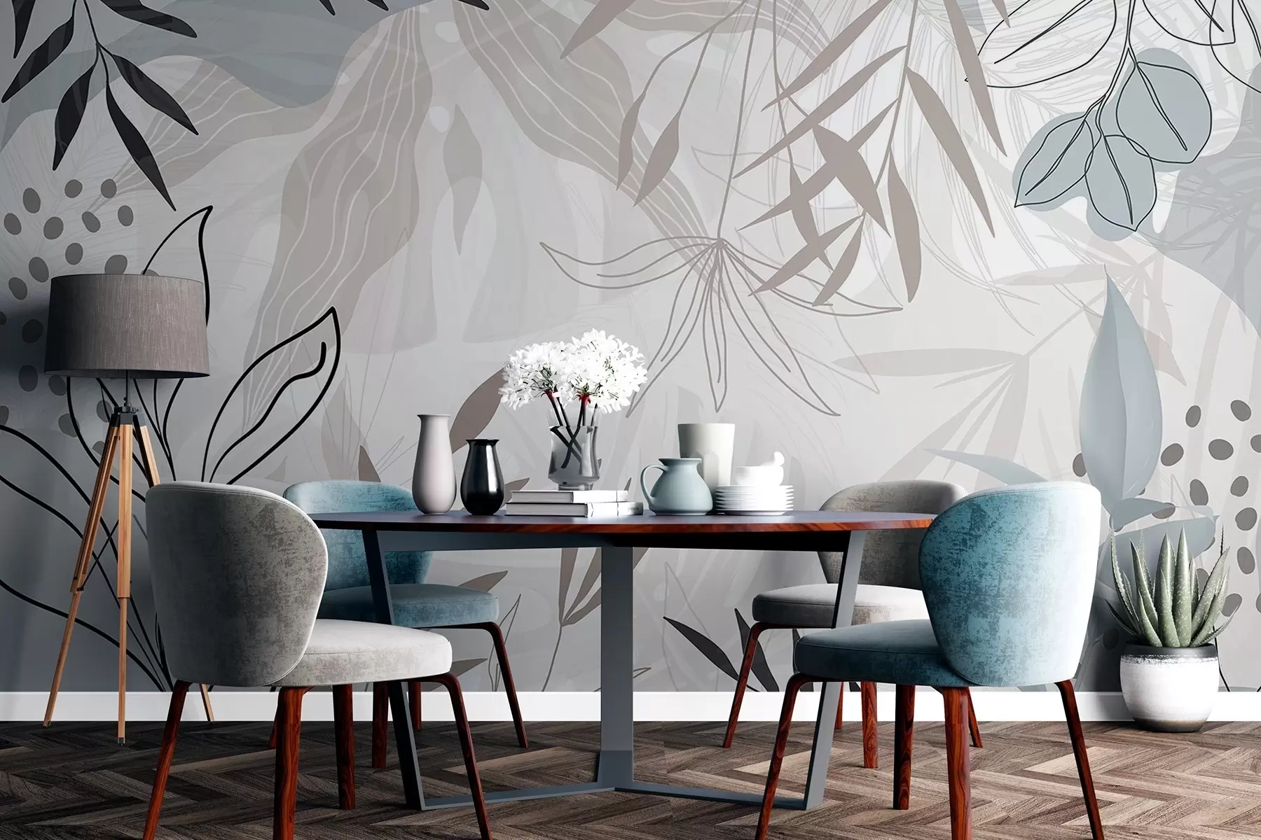 murales de pared Diseño floral abstracto moderno con hojas de color beige pastel, gris, azul y negro, delicado arte lineal y fondo suave  w09105