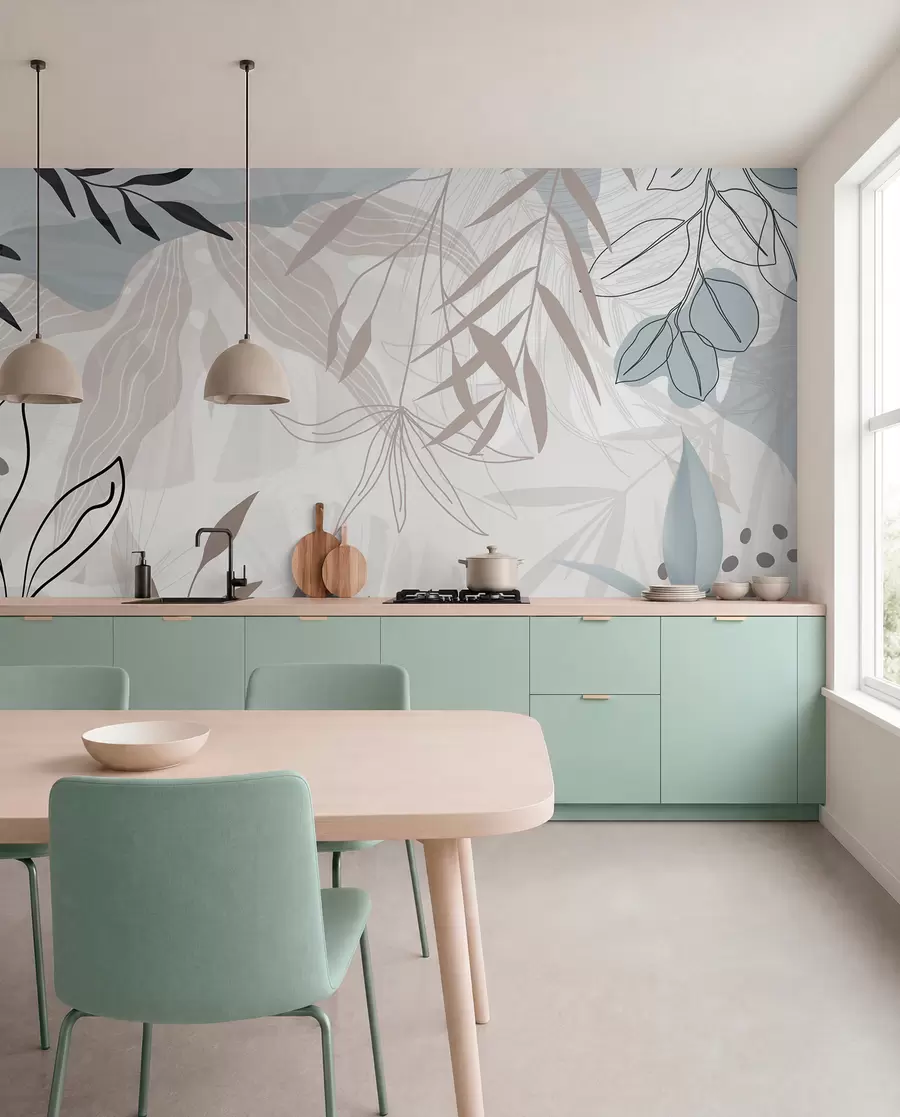 murales de pared Diseño floral abstracto moderno con hojas de color beige pastel, gris, azul y negro, delicado arte lineal y fondo suave  w09105
