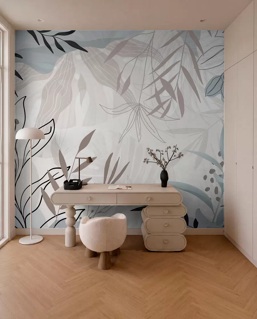 murales de pared Diseño floral abstracto moderno con hojas de color beige pastel, gris, azul y negro, delicado arte lineal y fondo suave  w09105