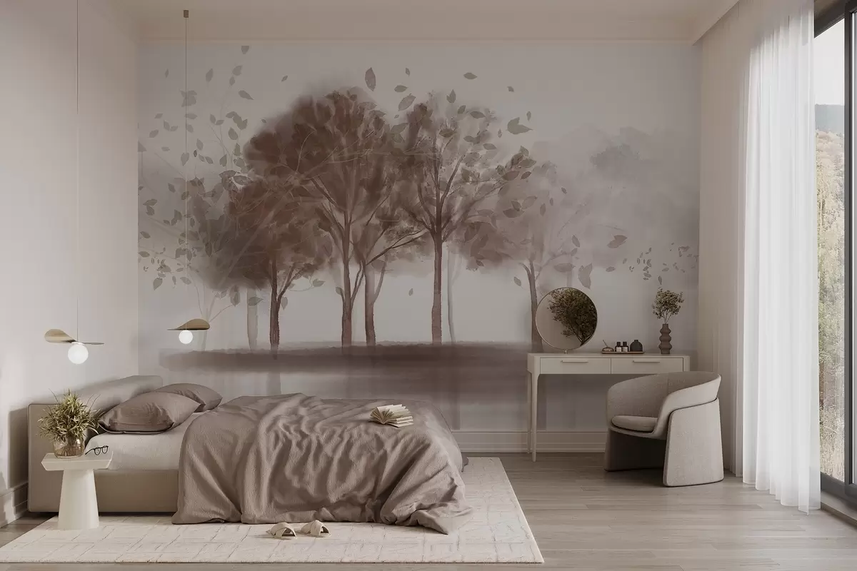 murales de pared Paisaje abstracto con árboles de hojas marrones reflejándose en el agua, en estilo acuarela texturizada w09109v1