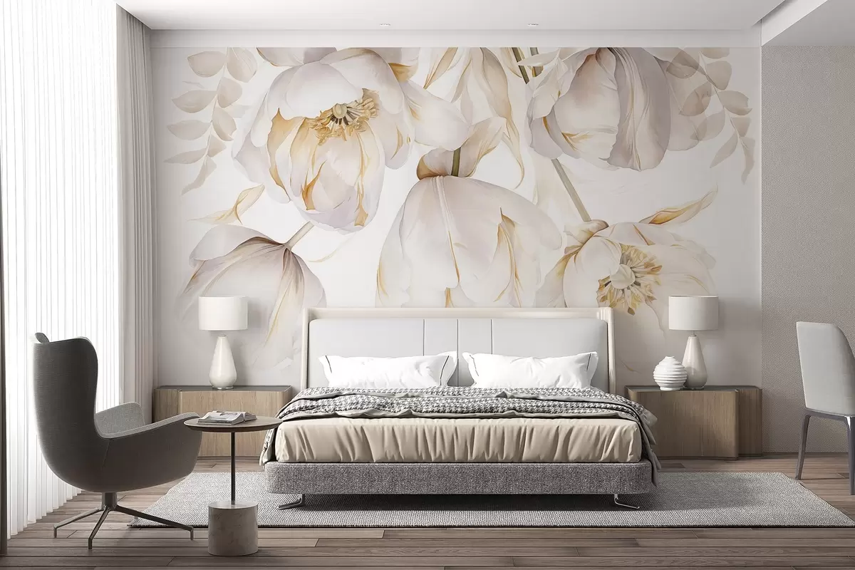 murales de pared Tulipanes blancos con pistilos amarillos, delicados pétalos, elegante arreglo floral, delicada composición, sobre fondo blanco w09112