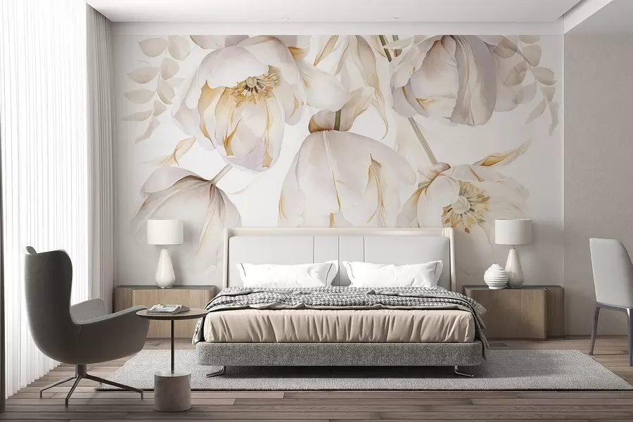 murales de pared Tulipanes blancos con pistilos amarillos, delicados pétalos, elegante arreglo floral, delicada composición, sobre fondo blanco w09112