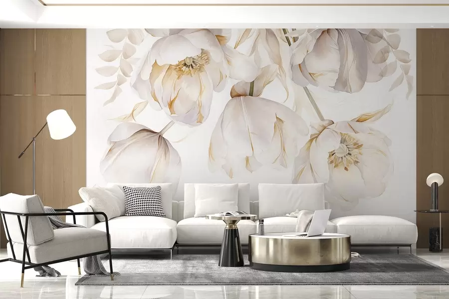 murales de pared Tulipanes blancos con pistilos amarillos, delicados pétalos, elegante arreglo floral, delicada composición, sobre fondo blanco w09112