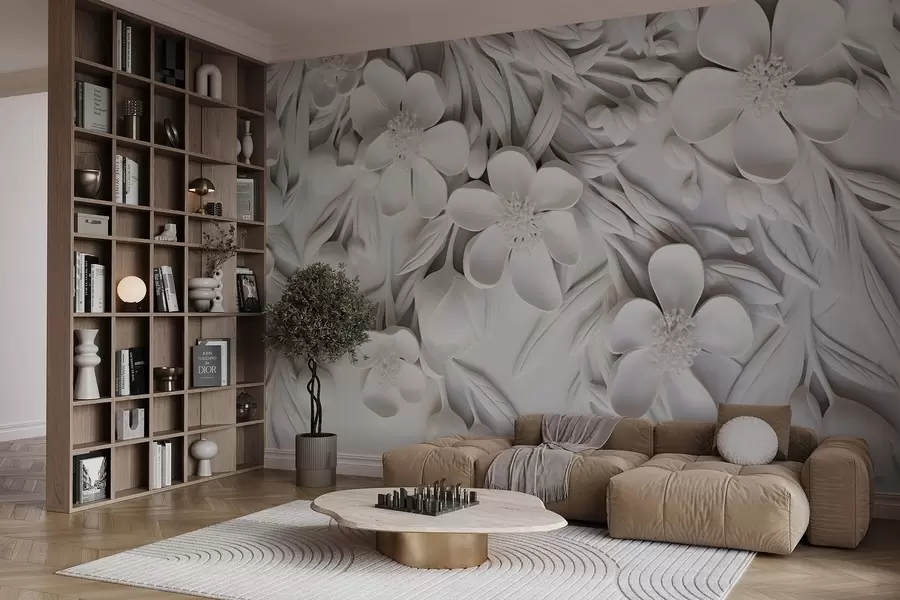 murales de pared Flores blancas y hojas en un fondo blanco, floral elegante, diseño decorativo, detalles intrincados w09113