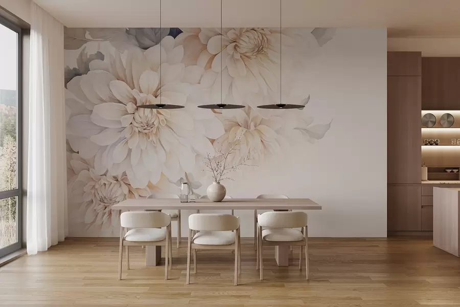 murales de pared Dalias pastel con pétalos suaves y delicados de color melocotón y blanco claro en estilo acuarela, fondo suave w09115