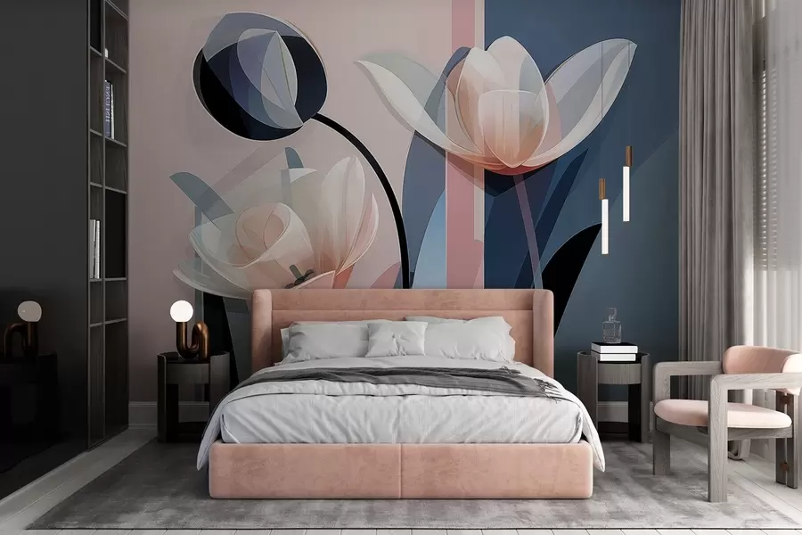 murales de pared Diseño moderno abstracto con tulipanes de pétalos transparentes en tonos pastel rosa, blanco y azul oscuro w09116