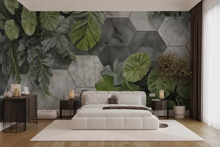 murales de pared Hojas verdes tropicales y plantas sobre un fondo de azulejos grises y blancos con textura, exuberante follaje diseño moderno  w09117