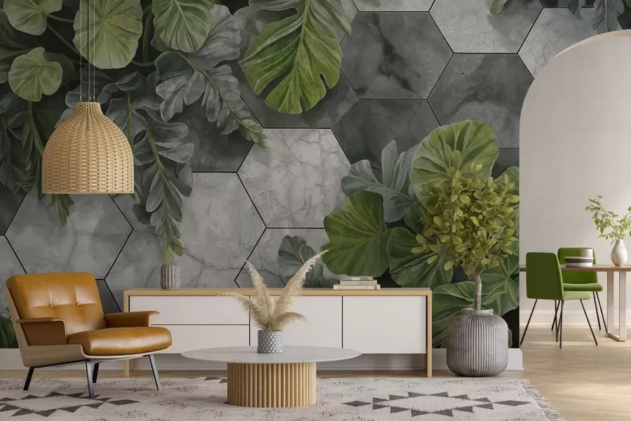 murales de pared Hojas verdes tropicales y plantas sobre un fondo de azulejos grises y blancos con textura, exuberante follaje diseño moderno  w09117