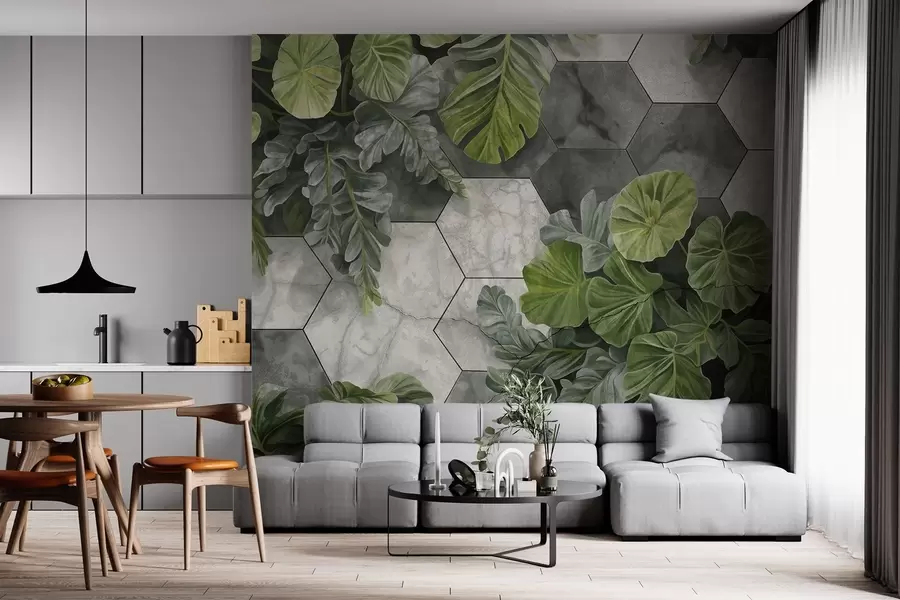 murales de pared Hojas verdes tropicales y plantas sobre un fondo de azulejos grises y blancos con textura, exuberante follaje diseño moderno  w09117