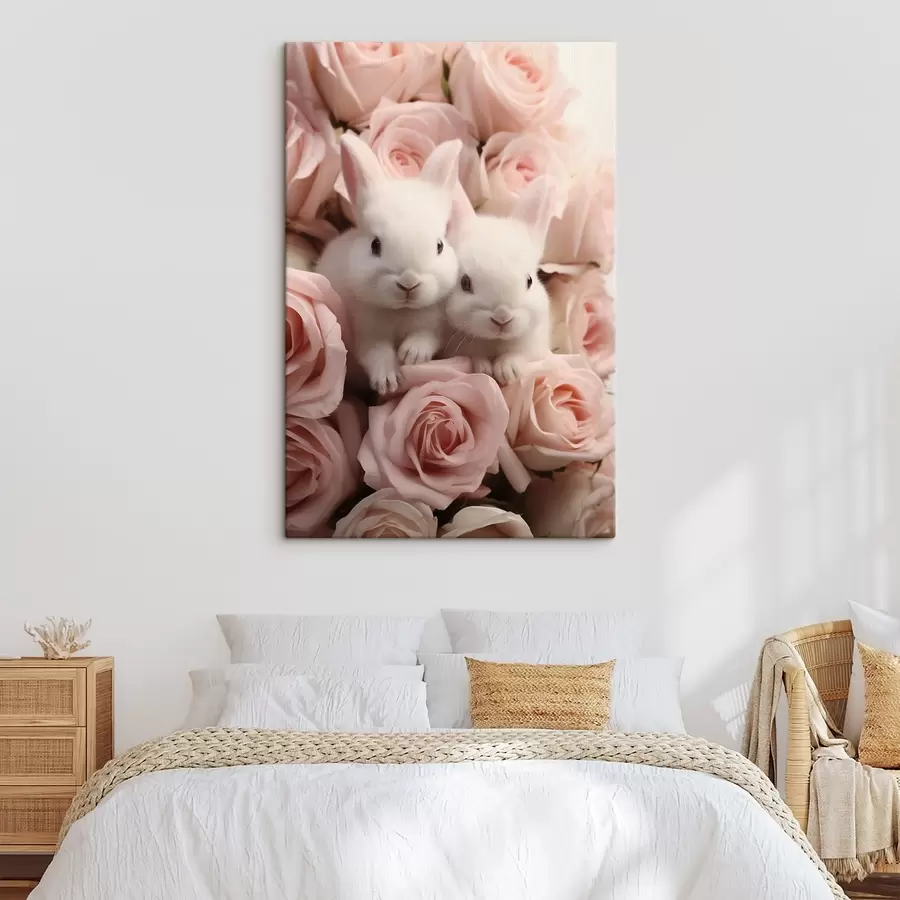 murales de pared Dos conejos blancos en delicadas flores rosas s44380