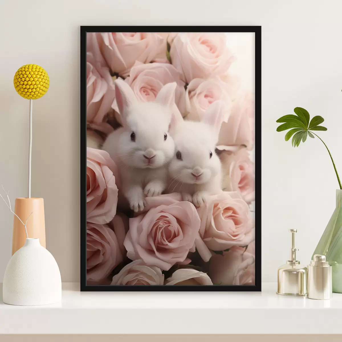 Poster Dos conejos blancos en delicadas flores rosas f44380