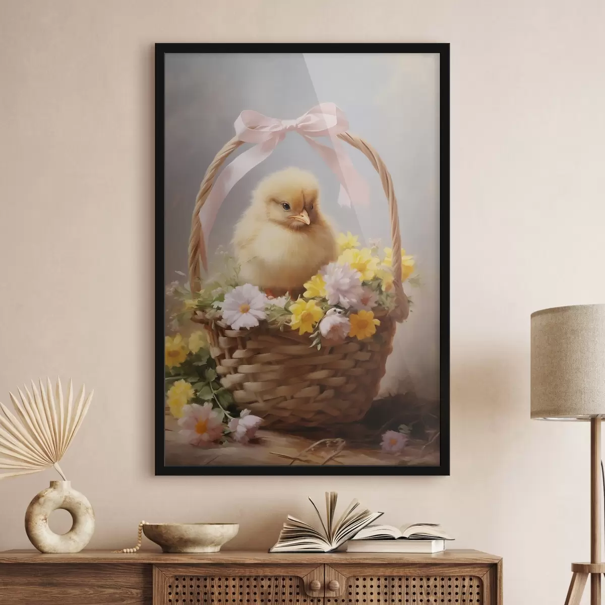 Poster Pollito amarillo en una cesta con flores silvestres f44384
