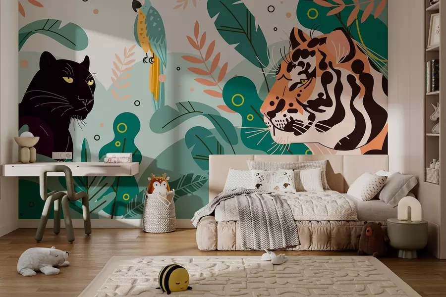 murales de pared jungla con un tigre, una pantera y un loro w03958