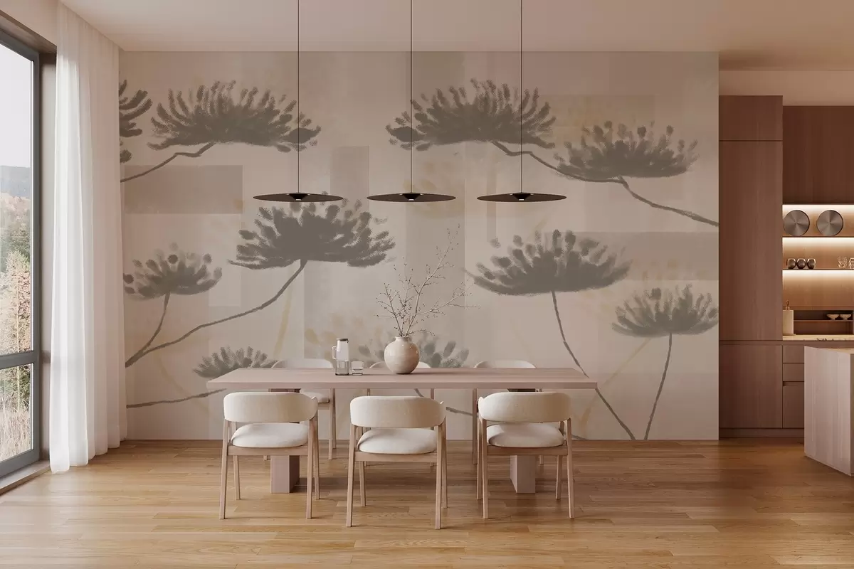 murales de pared geometría texturizada en tonos beige y crema con estilizadas flores de paraguas w03960