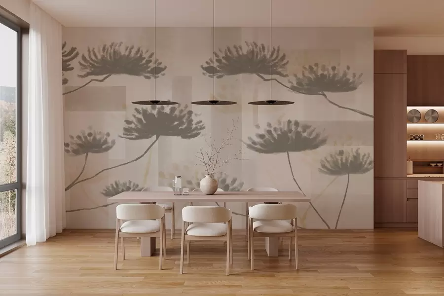 murales de pared geometría texturizada en tonos beige y crema con estilizadas flores de paraguas w03960