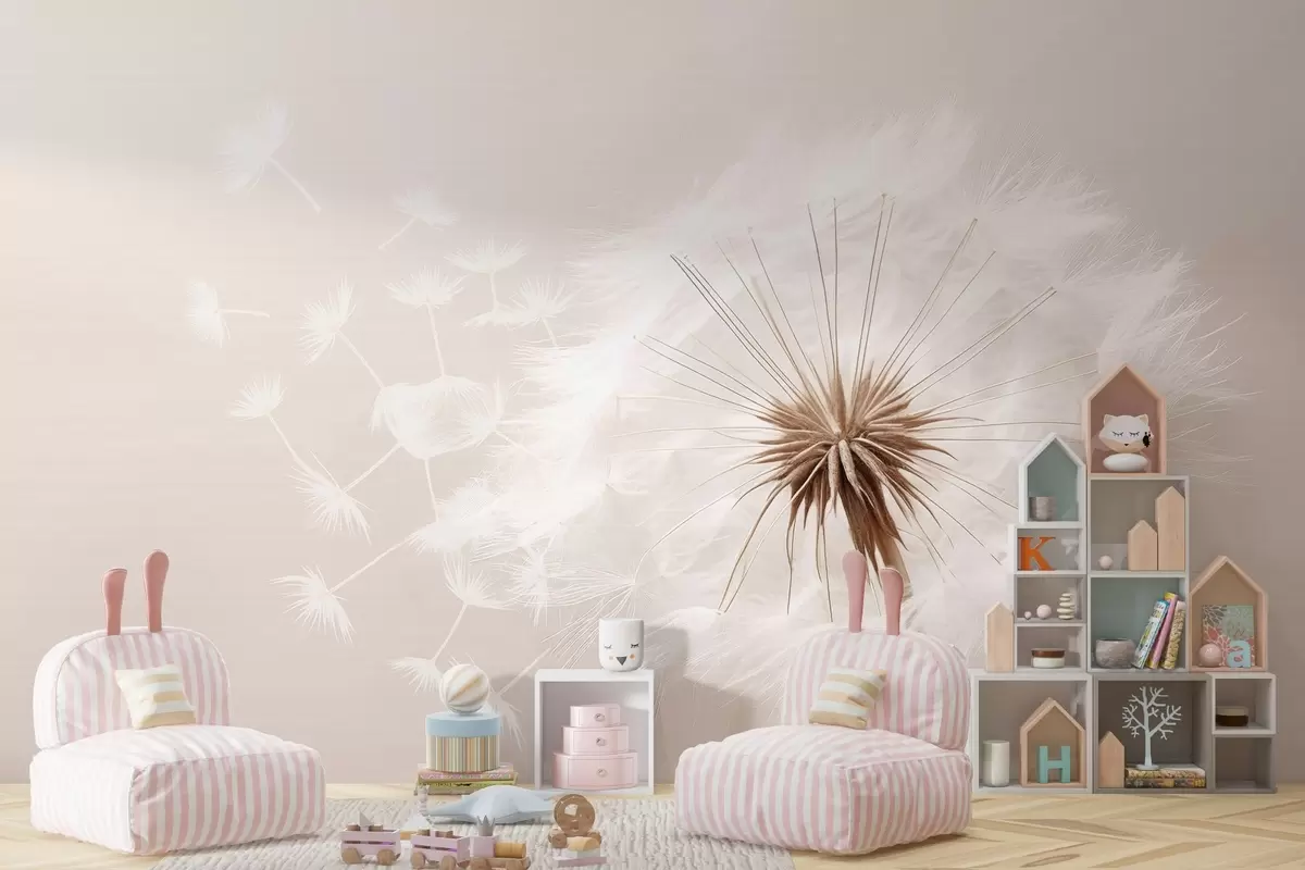 murales de pared Moderna y suave composición floral con una cabeza de diente de león en plena floración y semillas flotantes, sobre una delicada textura textil w03939