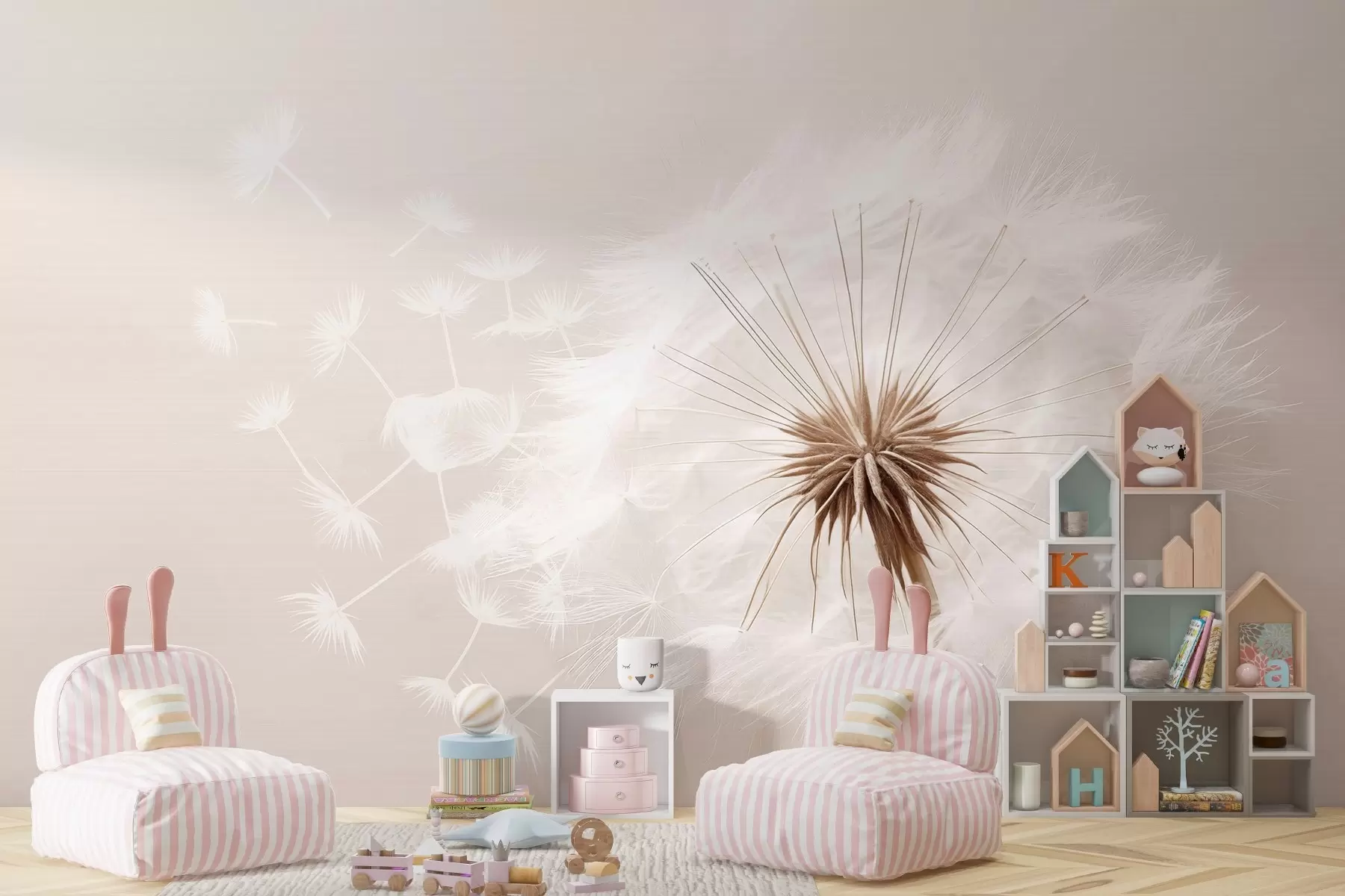 murales de pared Moderna y suave composición floral con una cabeza de diente de león en plena floración y semillas flotantes, sobre una delicada textura textil w03939