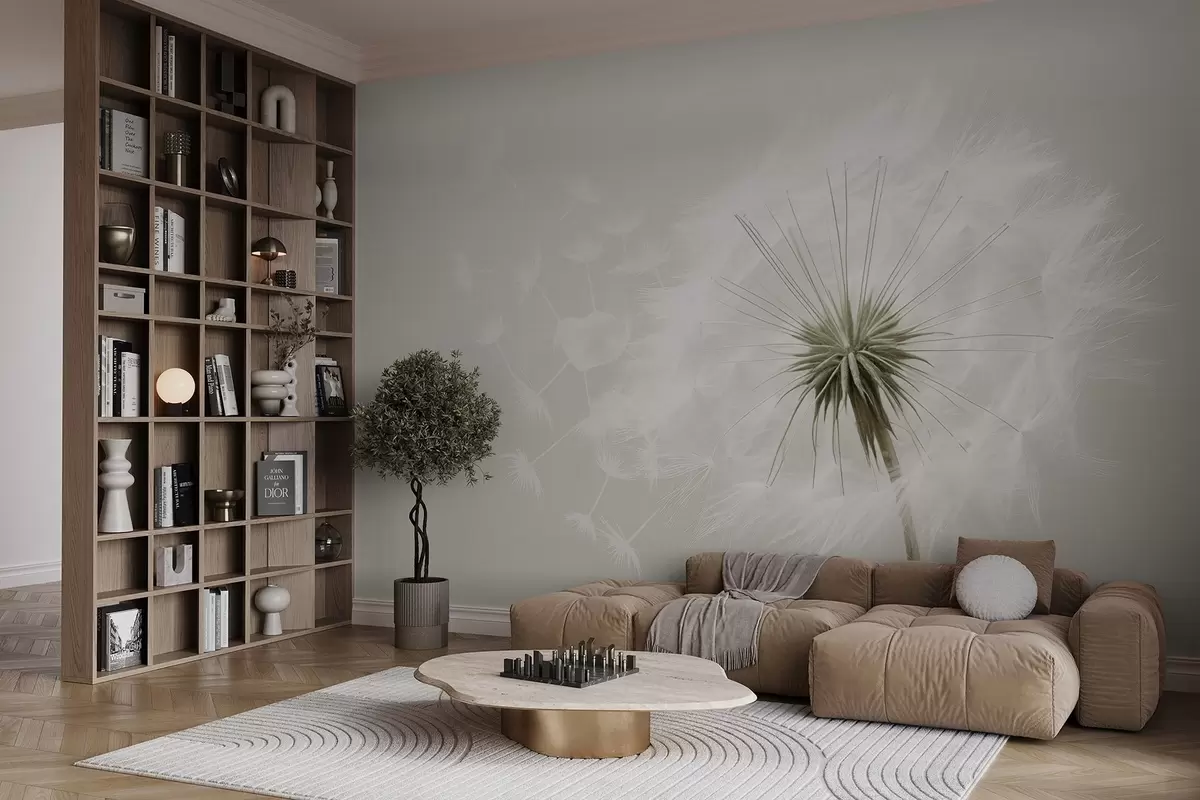 murales de pared Moderna y suave composición floral con una cabeza de diente de león en plena floración y semillas flotantes, sobre una delicada textura textil w03939v1