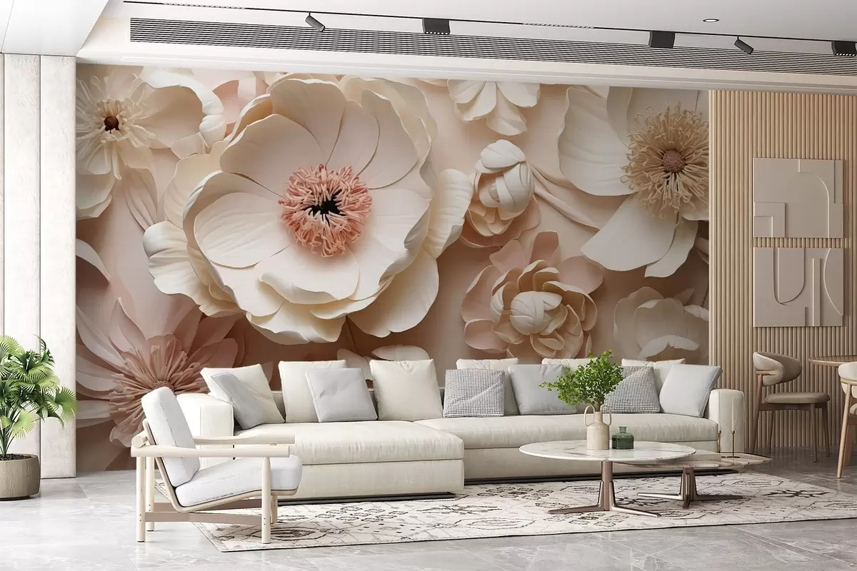 murales de pared Composición floral volumétrica con delicados pétalos de papel o de inspiración textil en tonos marfil, vainilla y rubor, sobre un cálido lienzo beige. w03945