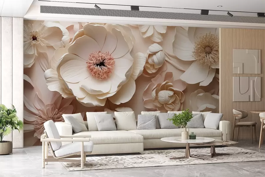 murales de pared Composición floral volumétrica con delicados pétalos de papel o de inspiración textil en tonos marfil, vainilla y rubor, sobre un cálido lienzo beige. w03945