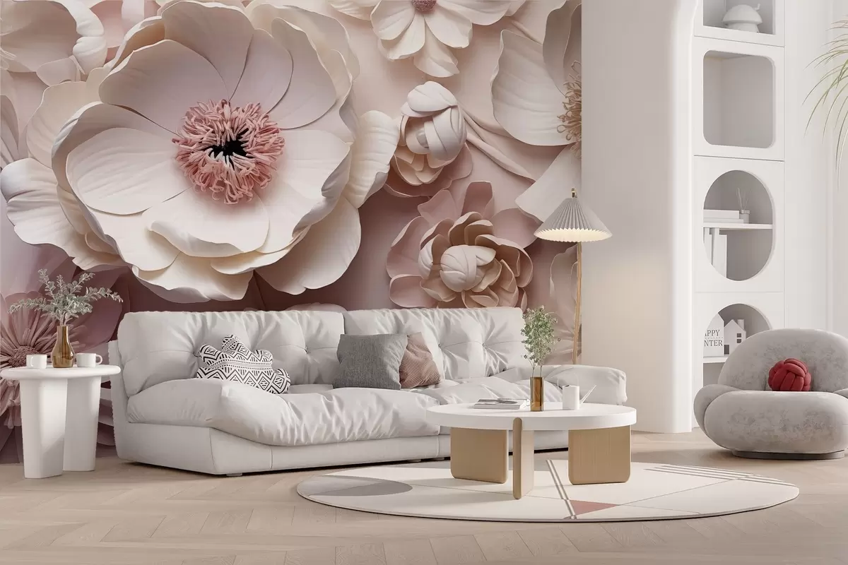 murales de pared Composición floral volumétrica con delicados pétalos de papel o de inspiración textil en tonos marfil, vainilla y rubor, sobre un cálido lienzo beige. w03945v1