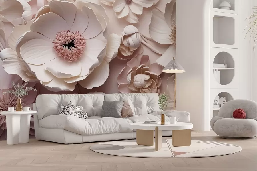 murales de pared Composición floral volumétrica con delicados pétalos de papel o de inspiración textil en tonos marfil, vainilla y rubor, sobre un cálido lienzo beige. w03945v1