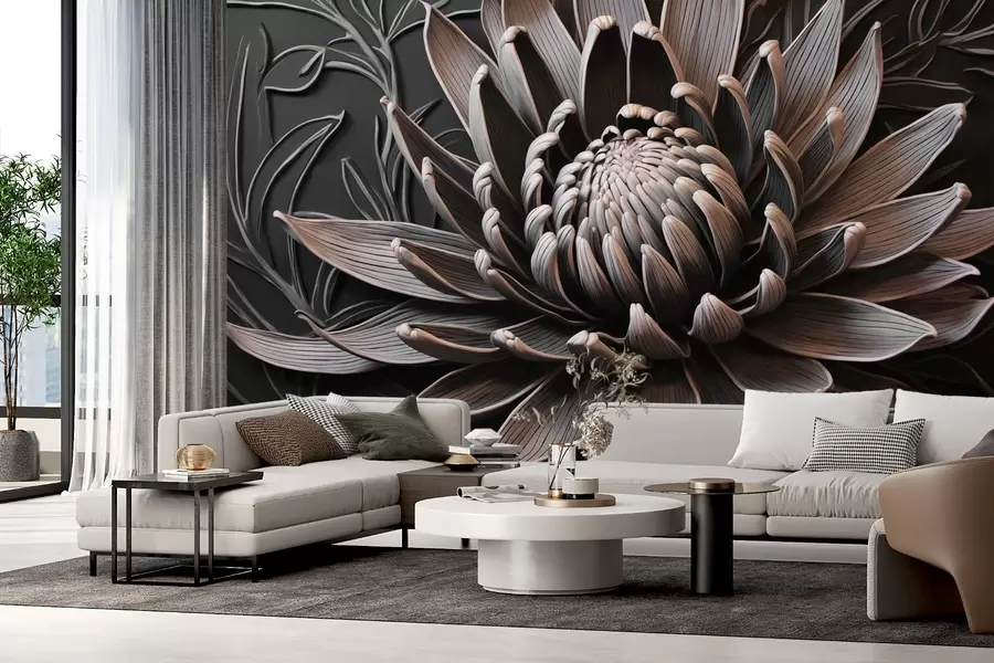 murales de pared Flor de protea, beige y negra w03930