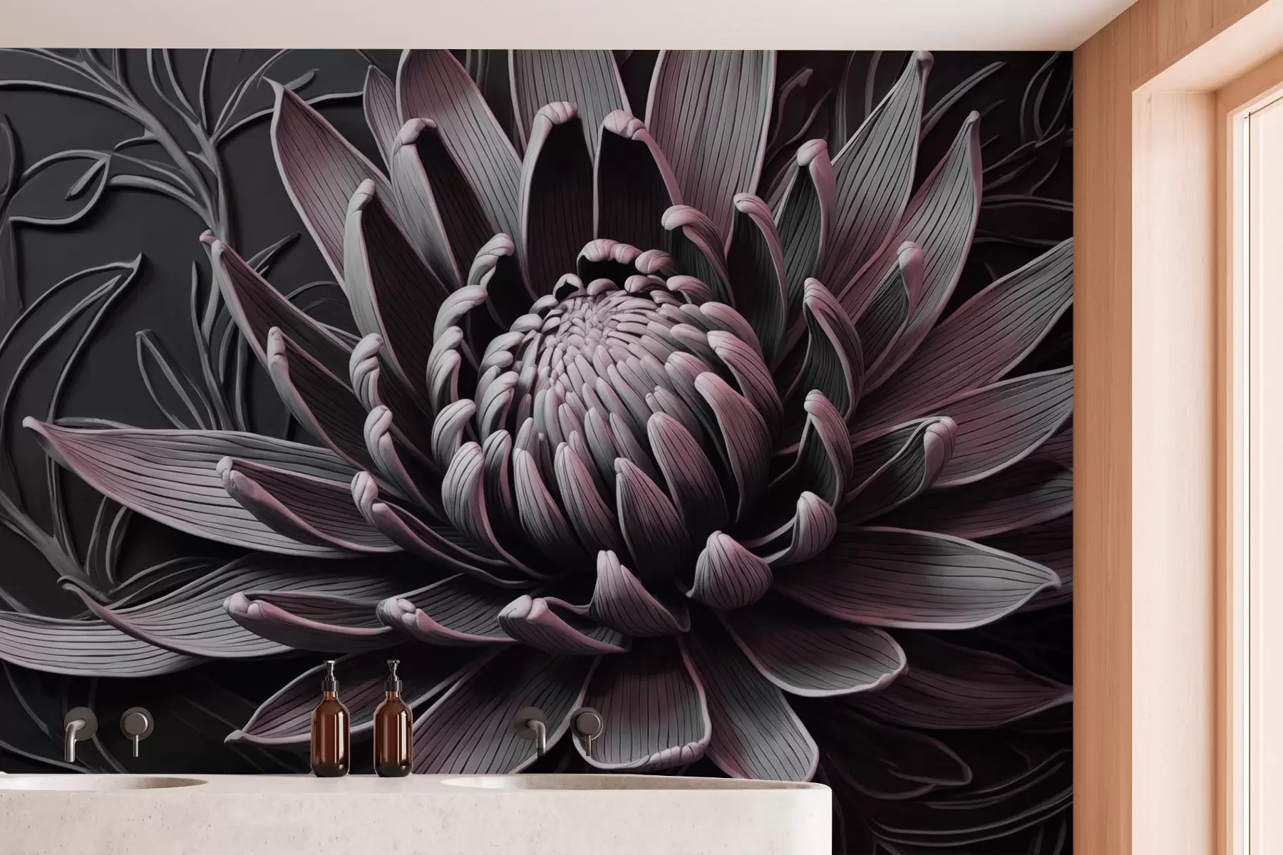 murales de pared Flor de protea, rosa y negra w03930v1