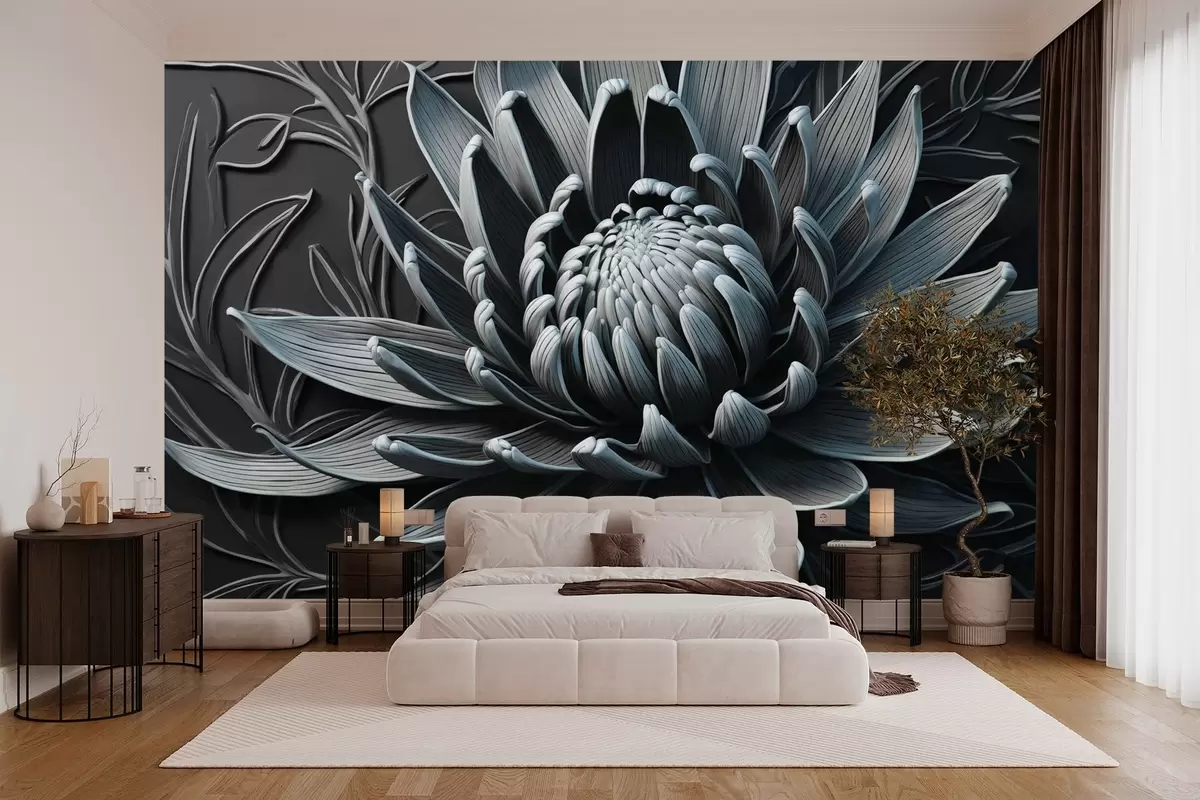 murales de pared Flor de protea, color azul y negro w03930v2