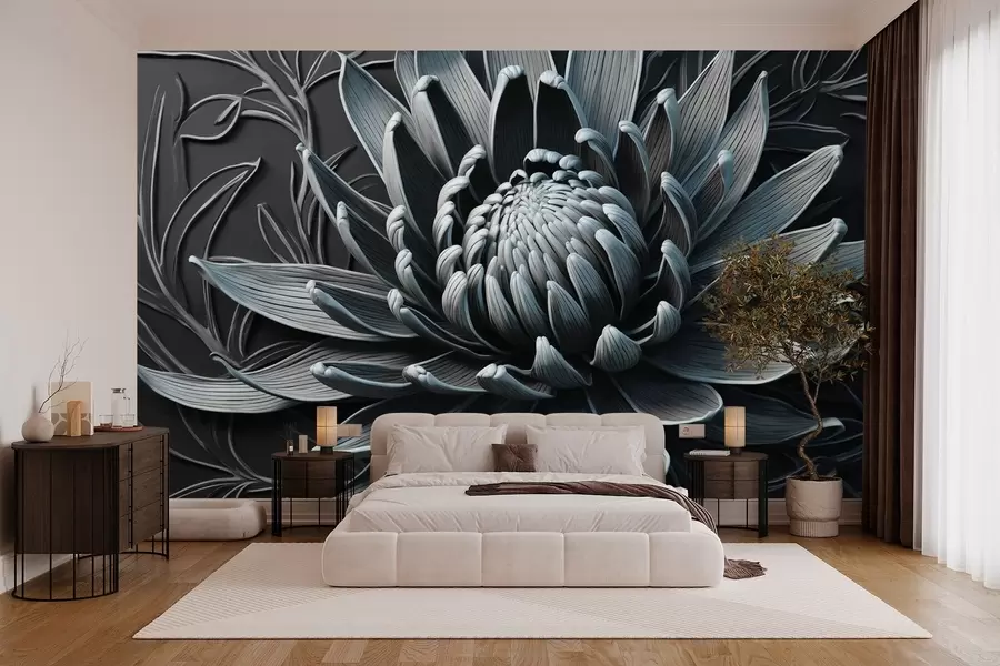 murales de pared Flor de protea, color azul y negro w03930v2
