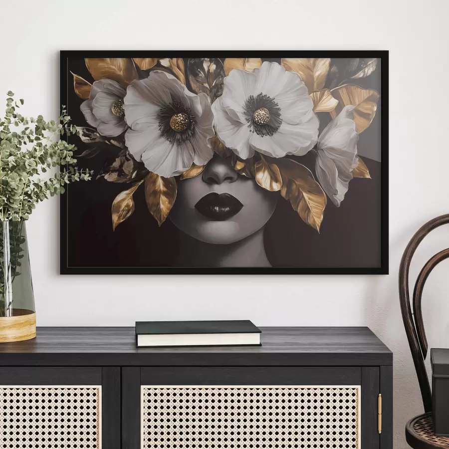 murales de pared Retrato semiabstracto de una mujer con flores f44365