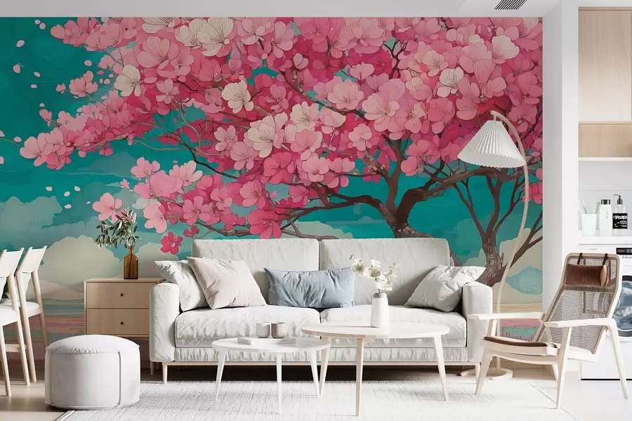 murales de pared Un cerezo rosa en flor con pétalos que caen y un cielo azul de estilo romántico w09120