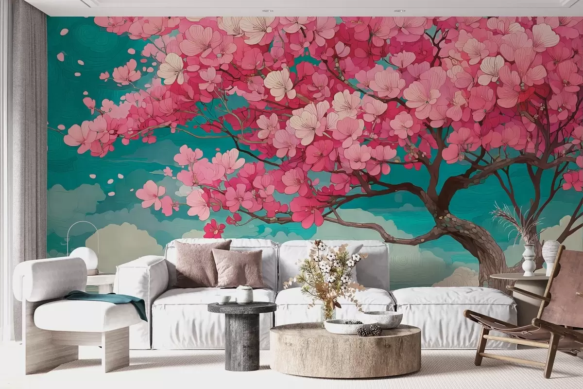 murales de pared Un cerezo rosa en flor con pétalos que caen y un cielo azul de estilo romántico w09120