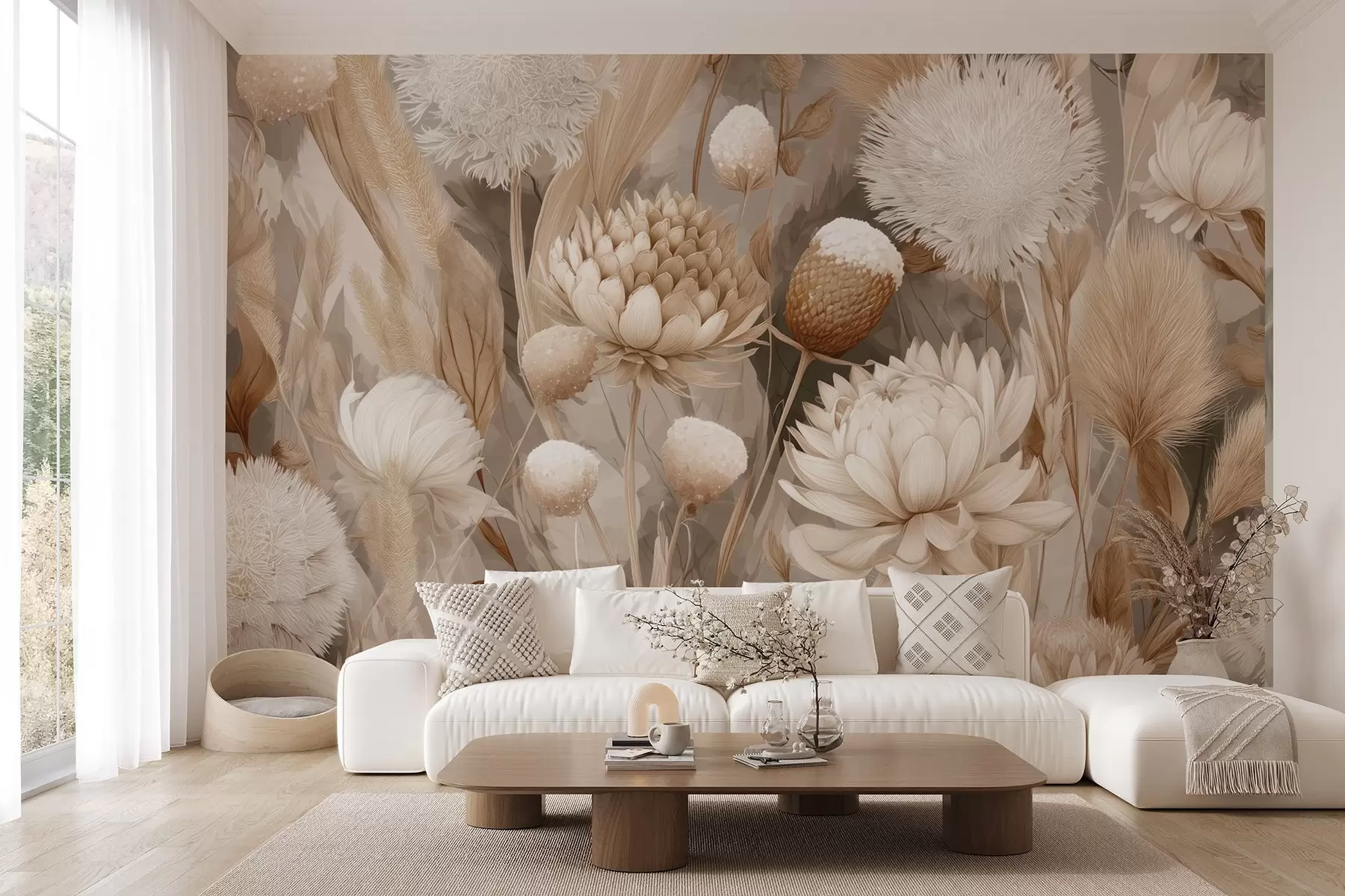 murales de pared Armonía boho: Flores texturizadas en tonos beige y crema w09121