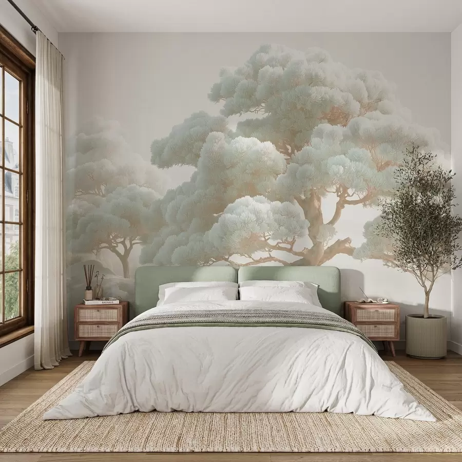 murales de pared Pinos en la niebla en tonos suaves de pie en un bosque w09122