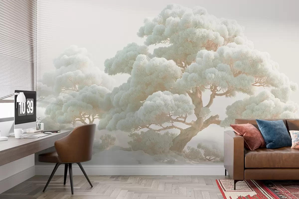 murales de pared Pinos en la niebla en tonos suaves de pie en un bosque w09122