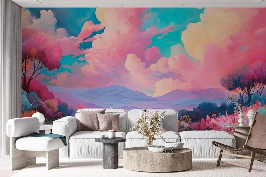 murales de pared Colorido paisaje al óleo con cielo rosa, plantas y árboles w09123
