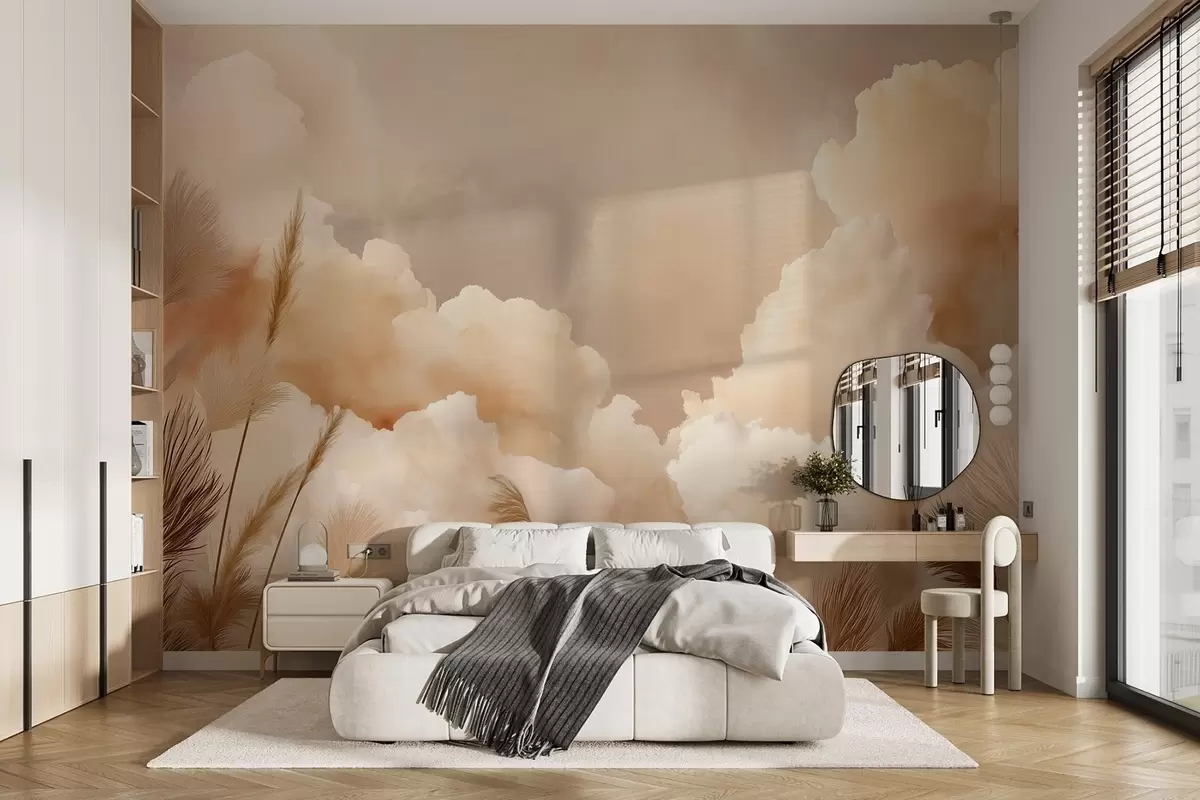 murales de pared Cielo beige con nubes cálidas y hierba de la pampa w09124