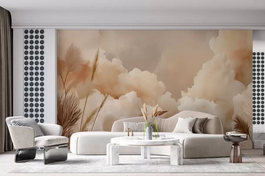 murales de pared Cielo beige con nubes cálidas y hierba de la pampa w09124