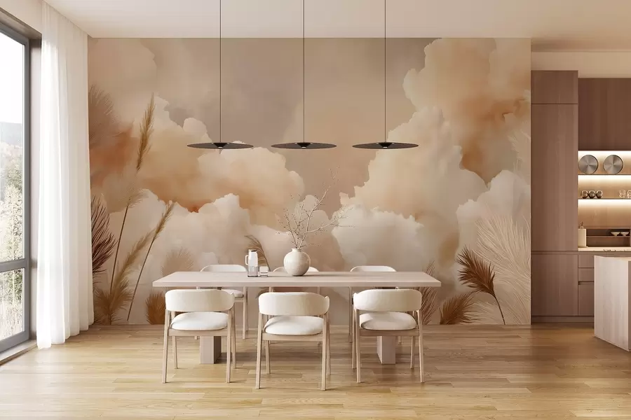 murales de pared Cielo beige con nubes cálidas y hierba de la pampa w09124