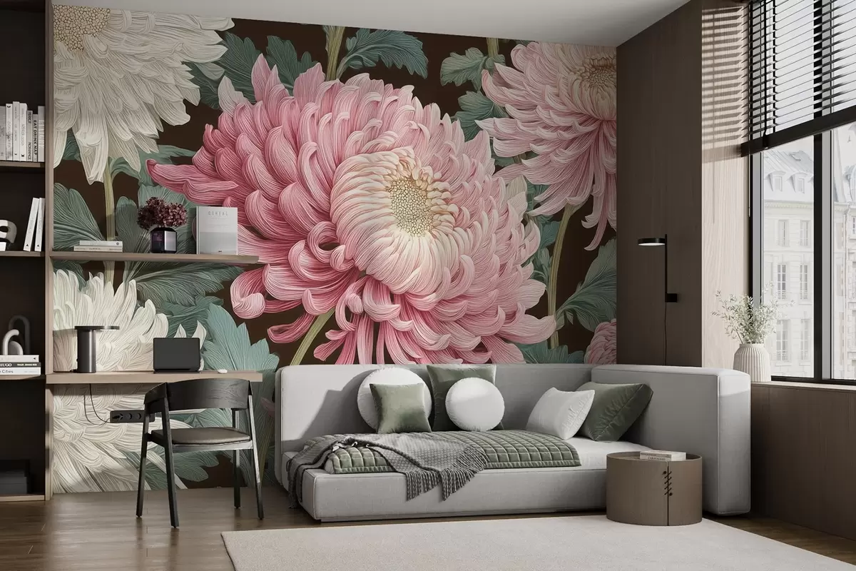 murales de pared Grandes orquídeas rosas y blancas con hojas sobre fondo oscuro w09125