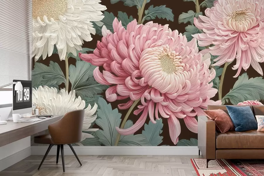 murales de pared Grandes orquídeas rosas y blancas con hojas sobre fondo oscuro w09125