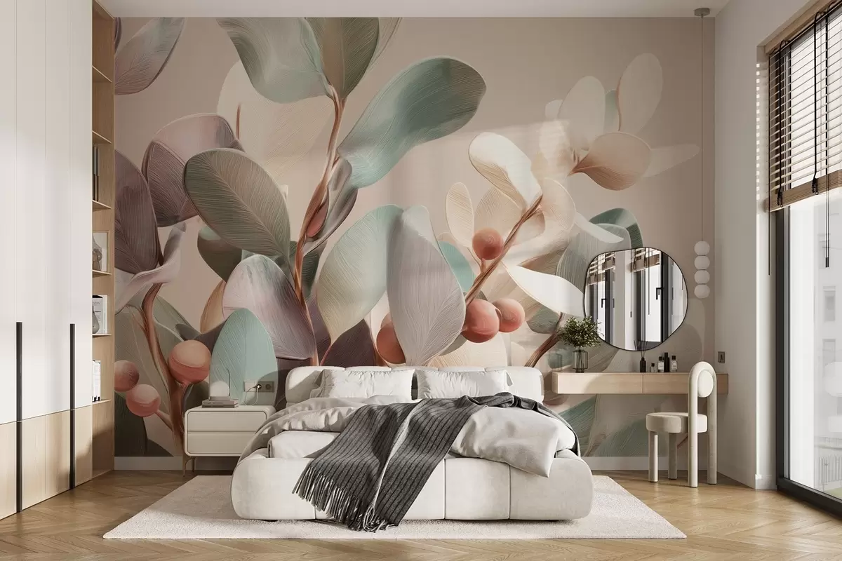 murales de pared Plantas con bayas en tonos pastel claros w09128