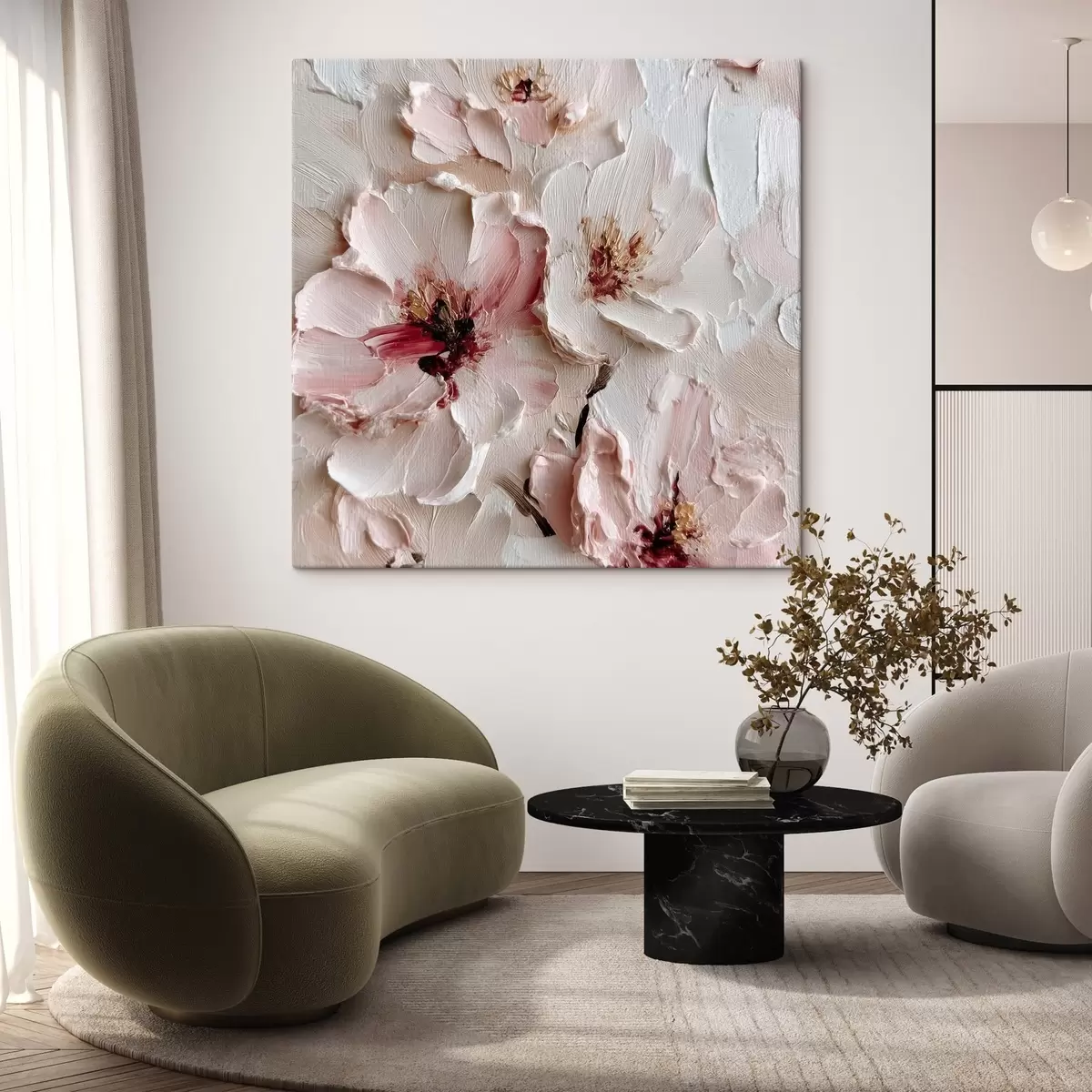 murales de pared Flores con imitación al impasto en trazos rosas y blancos s44333