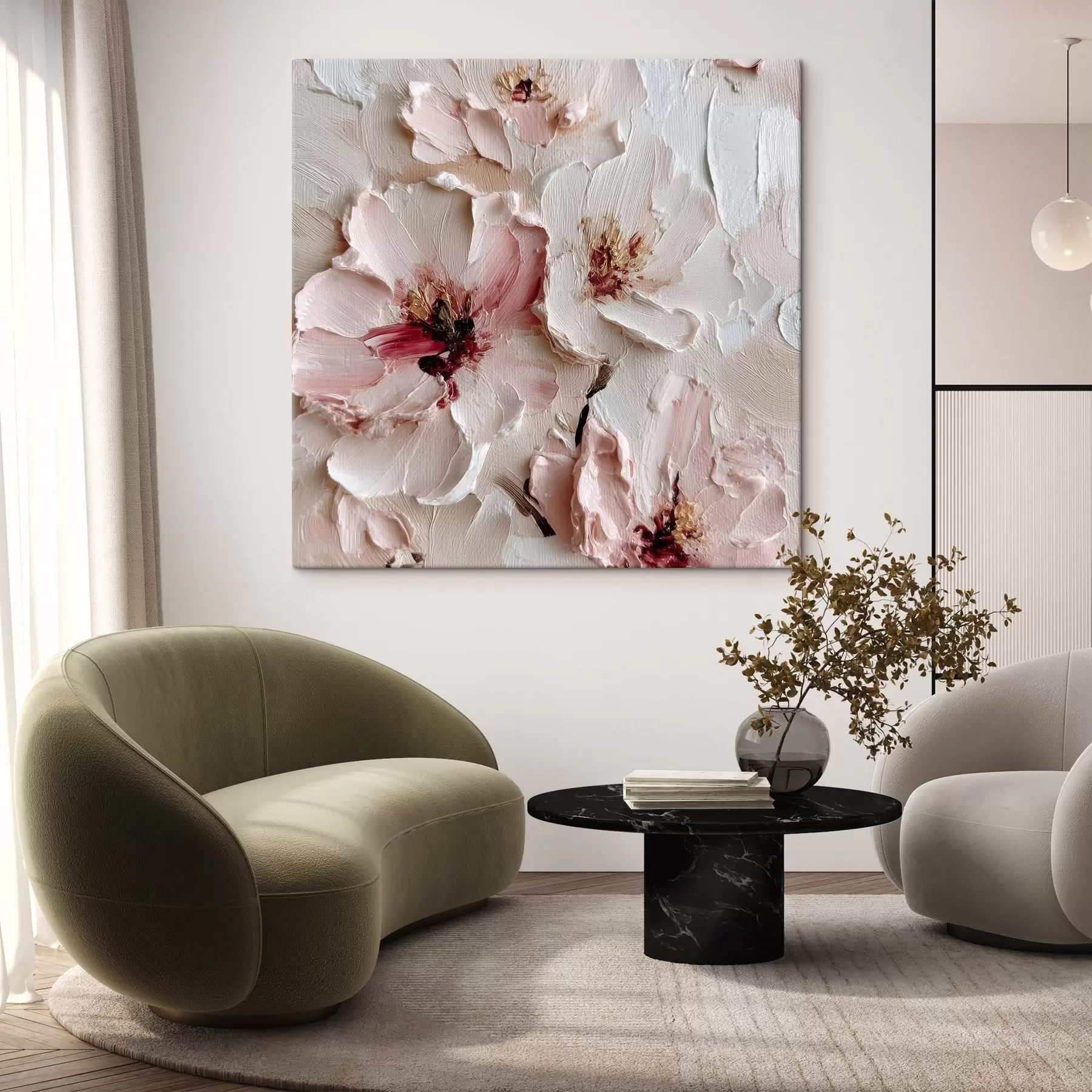 murales de pared Flores con imitación al impasto en trazos rosas y blancos s44333