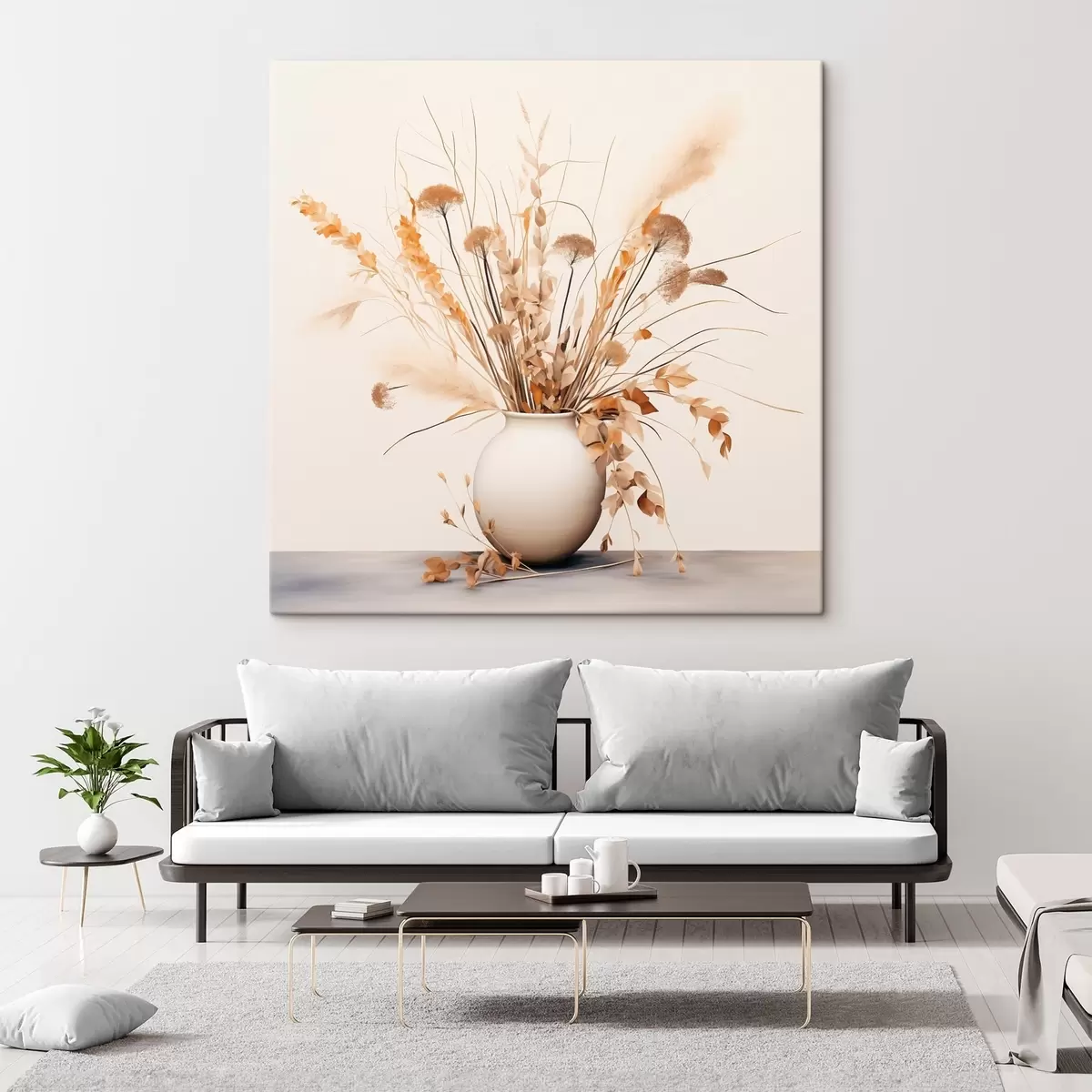 murales de pared Arreglo de hierbas y flores secas en un jarrón blanco s44348