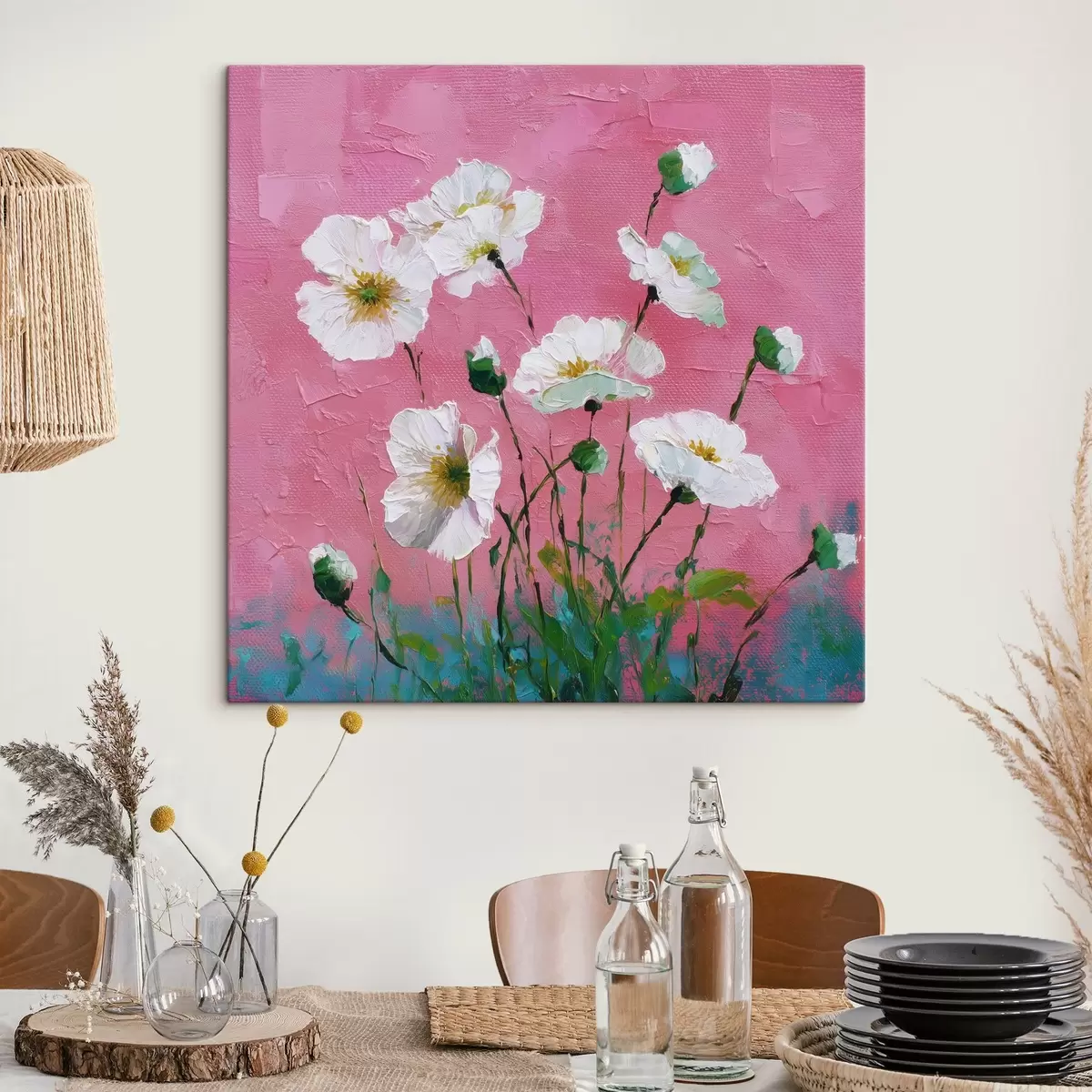 murales de pared Flores blancas sobre fondo rosa s44360